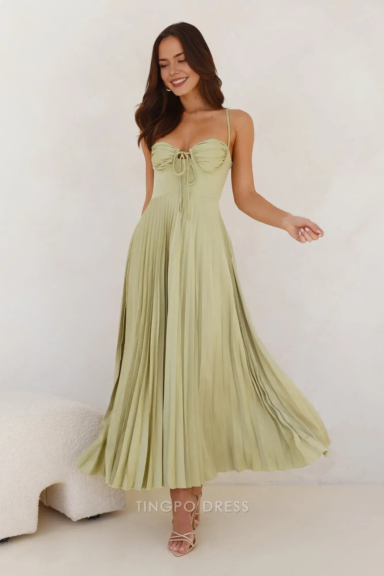 Elegant Spaghetti Strap Pleated Maxi Dress with Open Back Prom Dress